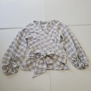 Sundance Blouse Womens Small Plaid Wrap Top Puff Sleeve Bow Tie White Black